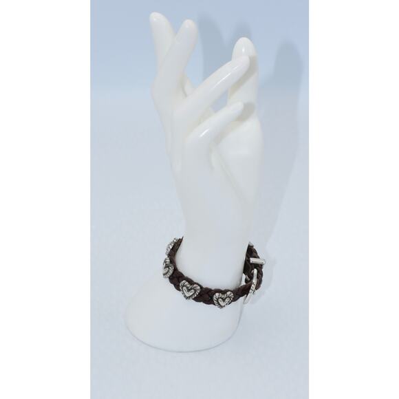 1994 Brighton Silver Brown Leather Roped Heart Braid Bandit Buckle Boho Bracelet - Picture 1 of 9